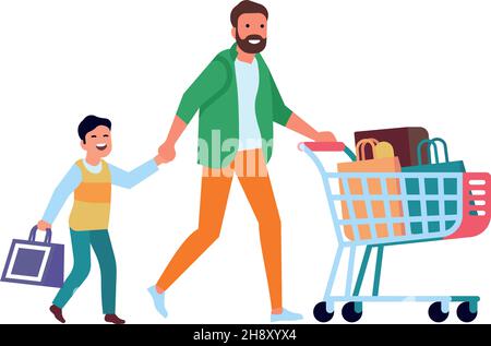 Père et fils magasinent ensemble.Homme poussant le chariot.Acheter dans un magasin familial concept isolé sur fond blanc Illustration de Vecteur