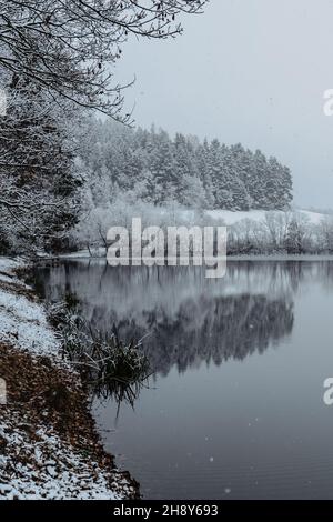 Lac couvert de neige fraîche.étang d'hiver, brouillard paysage nuageux reflété dans l'eau, jour de neige.blanc campagne brumeux arbres neigeux.naturel tranquille Banque D'Images