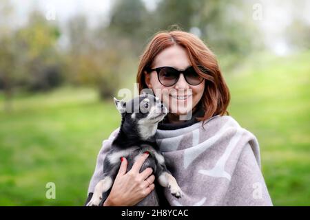 Elle tient son chien Chihuahua dans ses bras dans le parc public.Chien de race Chihuahua à poil court de couleur gris foncé.Femme d'âge moyen qui aime les petits chiens. Banque D'Images