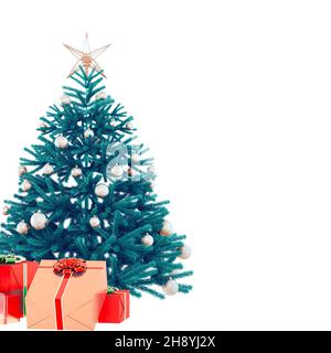 Sapin de Noël et boîtes-cadeaux au premier plan.Arrière-plan blanc et isolé.Espace pour le texte.Carte de vœux.Rendu 3D. Banque D'Images