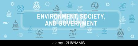 Ensemble d'icônes Environnement et gouvernement social et bannière d'en-tête Web avec idées ESG Illustration de Vecteur