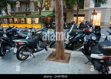 De nombreuses motos modernes en métal garées sur le bord de la route en ville pendant la journée en été Banque D'Images