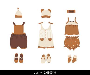 Collection de vêtements pour bébé.Tenue de boho.Jolie garde-robe pour petit garçon ou fille.Illustration vectorielle de style dessin animé plat.Accessoires pour nouveau-né Illustration de Vecteur