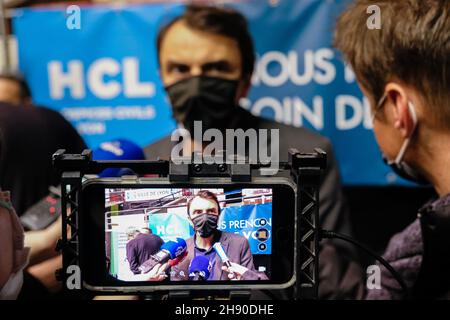 Lyon (France), 2 décembre 2021.Conférence de presse au Gerland Vaccine Park avec Grégory Doucet, Maire de Lyon. Banque D'Images