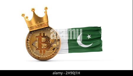 Bitcoin avec couronne d'or et drapeau du Pakistan.Concept de roi de crypto-monnaie.Rendu 3D Banque D'Images