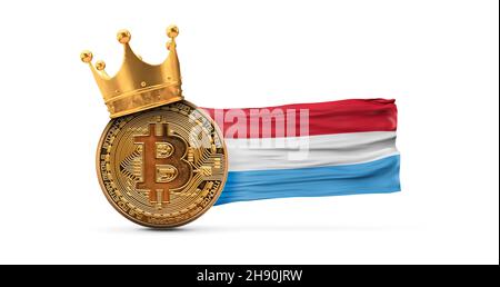 Bitcoin avec couronne d'or et drapeau luxembourgeois.Concept de roi de crypto-monnaie.Rendu 3D Banque D'Images