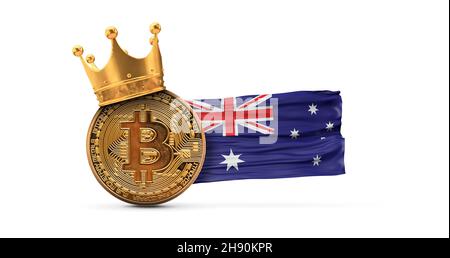 Bitcoin avec couronne d'or et drapeau de l'australie.Concept de roi de crypto-monnaie.Rendu 3D Banque D'Images