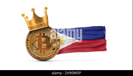 Bitcoin avec couronne d'or et drapeau des Philippines.Concept de roi de crypto-monnaie.Rendu 3D Banque D'Images