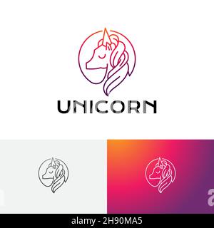 Adorable logo de la ligne d'animaux à tête de corne de cheval Unicorn Illustration de Vecteur