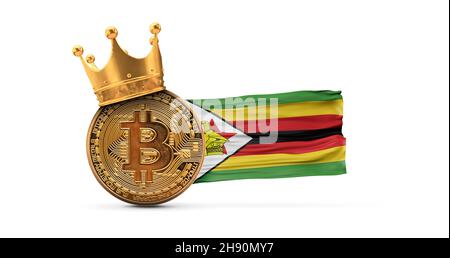 Bitcoin avec couronne d'or et drapeau du Zimbabwe.Concept de roi de crypto-monnaie.Rendu 3D Banque D'Images