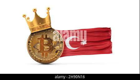 Bitcoin avec couronne d'or et drapeau de la Turquie.Concept de roi de crypto-monnaie.Rendu 3D Banque D'Images