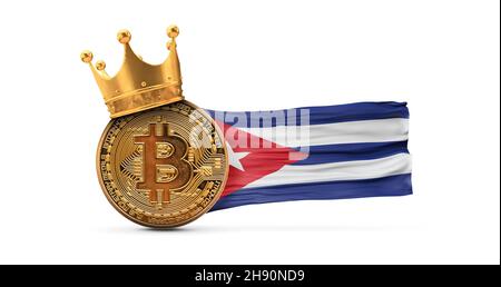 Bitcoin avec couronne d'or et drapeau de Cuba.Concept de roi de crypto-monnaie.Rendu 3D Banque D'Images