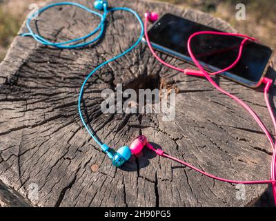 Deux paires d'écouteurs intra-auriculaires filaires roses et bleus colorés reposant sur un embout en bois dans le parc.La détente et l'écoute de musique en extérieur. Banque D'Images