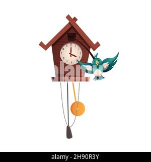 Vieille horloge russe en bois coucou avec de mignons oiseaux qui gazouillent toutes les heures. Illustration de la vecke. Illustration de Vecteur