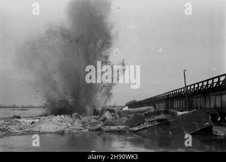 Wyszogród, 1947-03.Skutki wiosennej powodzi roztopowej na Wiœle, spotêgowanej zatorami lodowymi.NZ. Wysadzanie trotylem kry, aby zabezpieczyæ drewniany MOST (najd³u¿szy W Europie), czêœciowo zerwany przez napieraj¹c¹ krê. kw PAP Dok³adny dzieñ wydarzenia nieustalony.Wyszogrod, mars 1947.Les effets des crues printanières sur la Vistule, intensifiés par les embâcles.Photo : des floes de glace ont explosé avec la TNT pour sauver un pont en bois (le plus long d'Europe) partiellement brisé par des floes de glace. kw PAP Banque D'Images