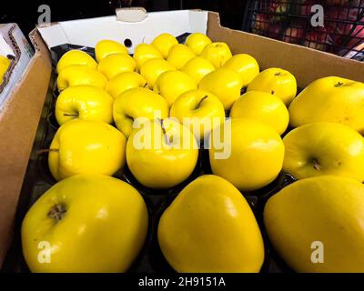 Les pommes jaunes sont présentées dans une boîte en carton sur le marché. Banque D'Images