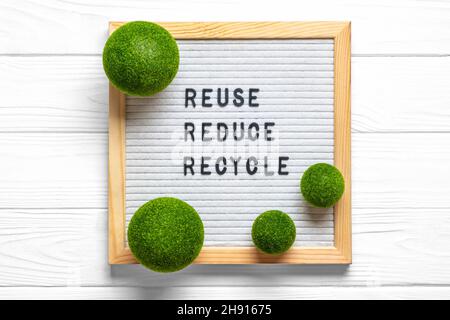 Tableau de feutre avec texte de devis réutilisation, réduire, recycler sur table en bois blanc vue du dessus Flat Lay Zero Waste, simple Life, be green concept Banque D'Images