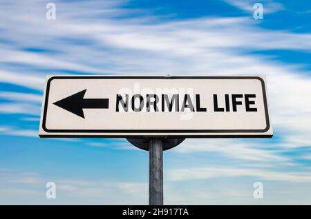 Panneau de route à vie normale, flèche sur fond bleu ciel.Panneau de signalisation à sens unique.Flèche sur un poteau pointant dans une direction. Banque D'Images