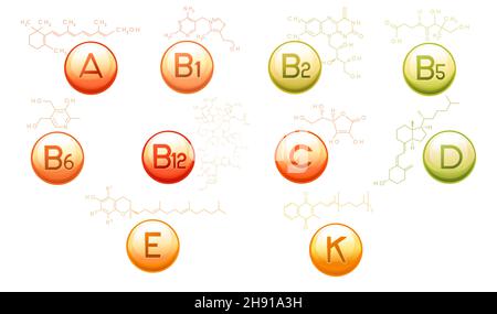 Ensemble de vitamines capsule avec formule moléculaire et illustration de vecteur de structure sur fond blanc Illustration de Vecteur