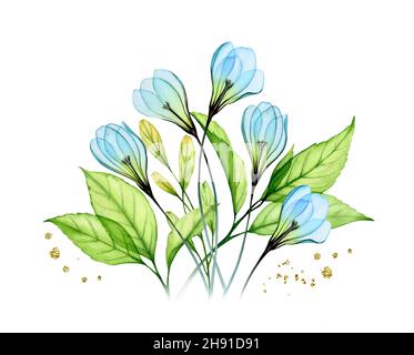 Composition florale aquarelle avec gouttes de neige.Fleurs et feuilles bleues transparentes.Conception isolée peinte à la main.Illustration botanique pour le ressort Banque D'Images
