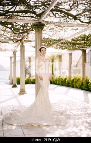 Mariée dans une robe de sirène se tient près d'une colonne dans un vieux patio entwiné avec une vigne Banque D'Images