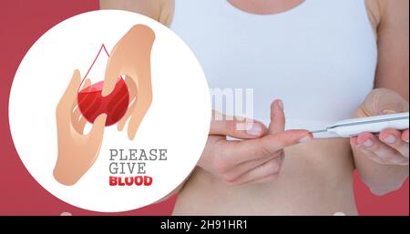 Image composite numérique de s'il vous plaît donner signe de sang sur la femme test avec glucometer Banque D'Images