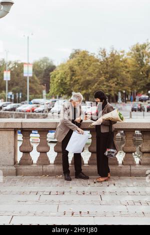 Un couple de personnes âgées qui se tient debout sur le pont de la ville se pageant dans un sac de shopping Banque D'Images