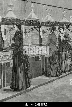 Italie, Milan.Bureau de change de téléphone, appelé « salle de réunion », avec des femmes.Gravure.La Ilustración Española y Americana, 1882. Banque D'Images