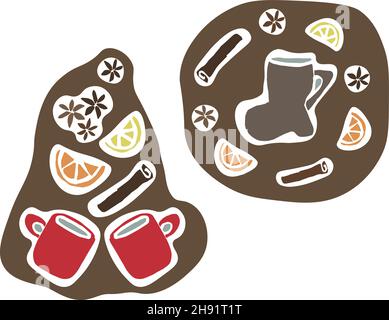 Motif vectoriel du marché des fêtes de Noël.Motif de Noël au vin chaud. Mugs, bottes citron cannelle sur fond rouge. Illustration de Vecteur