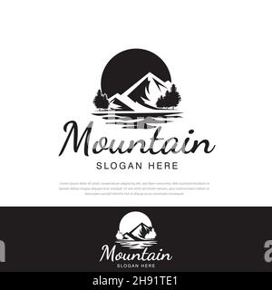 Collines Paysage, arbres, soleil, Mountain Peak River Creek simple logo design Vector Illustration de Vecteur