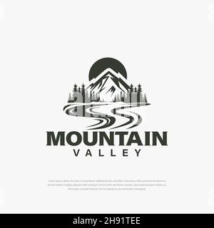 Conception simple de logo sommets et vallées de montagne, rivières, modèles d'arbres, illustrations de logo de montagne Illustration de Vecteur