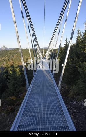 Construction en cours d'un pont suspendu appelé Sky Bridge 721, photographié le 28 octobre 2021, à l'aire de loisirs de Dolni Morava, dans la région de Pardubice, Banque D'Images