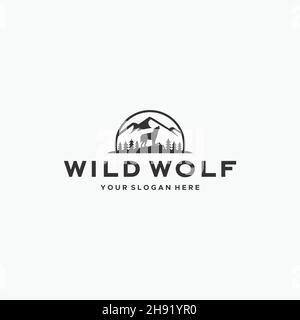 Logo minimaliste DE l'arbre de montagne SAUVAGE WOLF Illustration de Vecteur