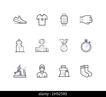 Équipement de sport - ensemble d'icônes de style de design coloré.Les bons vêtements et gadgets peuvent vous aider à rester en bonne forme physique.Transférer vers nouveau achi Illustration de Vecteur