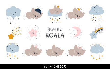 Ensemble vectoriel pour enfants avec de jolis animaux de sommeil.Koala, étoiles, nuages avec des gouttes et la lune.Vecteur drôle d'animal imprimable pour les enfants graphique Illustration de Vecteur