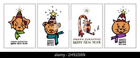 Un jeu de cartes pour Noël et le nouvel an avec un symbole orange de l'année, un tigre, une girafe, un chien, un chat avec des foulards jouant le tuyau. Illustration de Vecteur