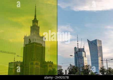 Palais de la Culture et de la Science dans le centre de Varsovie, capitale de la Pologne, vue avec Zlota 44 et Varso Tower bâtiments Banque D'Images