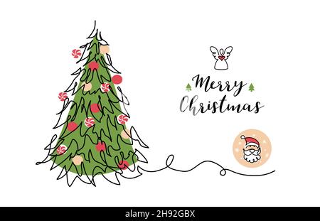 Sapin de Noël, pin, sapin, épinette.Un dessin au trait continu.Carte de couleurs vectorielles, fond, bannière, affiche pour les fêtes de Noël Illustration de Vecteur