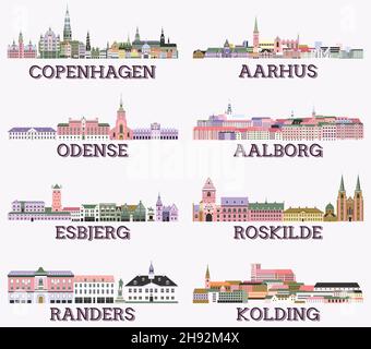 Danemark principales villes cityscapes dans un riche pastel coloré palette.Style esthétique magique Illustration de Vecteur