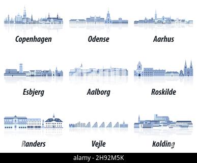 Danemark principales villes cityscapes en teintes de couleur bleue.Style esthétique de cristal Illustration de Vecteur