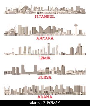 Les plus grandes villes turques Skylines vecteur ensemble dans la palette de couleurs sépia Illustration de Vecteur