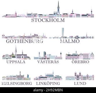 Les villes suédoises arborent des icônes dans une palette de couleurs pastel.Style esthétique magique Illustration de Vecteur