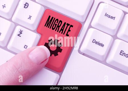 Affiche Migrate.Mot écrit sur pour déplacer ou voyager d'un pays ou d'une localité à un autre se connecter avec des amis en ligne, faire Banque D'Images