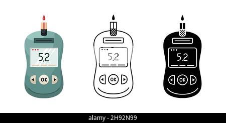 Illustration vectorielle d'un dispositif de mesure des taux de sucre dans le sang à la maison.Glucomètre pour diabétiques.Plat, style simple, dessin au trait Illustration de Vecteur