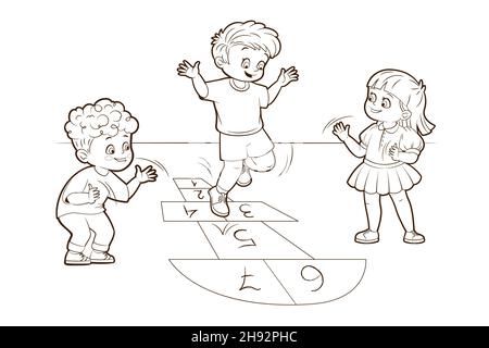 Livre de coloriage deux garçons et une fille sautent tout en jouant le hopscotch.Illustration vectorielle de style dessin animé, dessin au trait noir et blanc Illustration de Vecteur