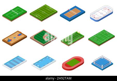 Terrains de sport, champs et terrains de jeux, illustrations vectorielles isométriques isolées sur fond blanc Illustration de Vecteur