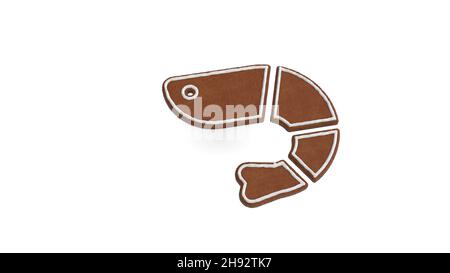 rendu 3d de biscuit de pain d'épice en forme de symbole de la crevette d'animal de mer isolé sur fond blanc avec glaçage blanc Banque D'Images