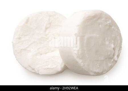 Deux tranches de fromage de chèvre isolées sur blanc.Vue de dessus. Banque D'Images