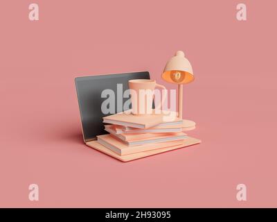 pile de livres avec une tasse de café sur le dessus de l'ordinateur portable. concept d'étude, formation en ligne, apprentissage et travail.rendu 3d Banque D'Images