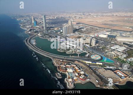 3 décembre 2021, circuit de la corniche de Jeddah, Jeddah, Grand Prix de Formule 1 d'Arabie Saoudite, sur la photo, le nouveau circuit de Formule 1 à Jeddah du point de vue d'un hélicoptère. Banque D'Images